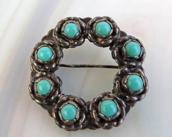 Vintage sterling silver ring of turquoise roses Mexican brooch pin - 1 1/4 inches