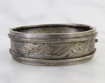 Antique Victorian sterling silver Bangle Bracelet with engraved leaf design and dark aged patina