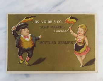 Victorian antique trade card advertising Jas. S. Kirk & Co 'Mottled German' Soap with couple waving Germany flags