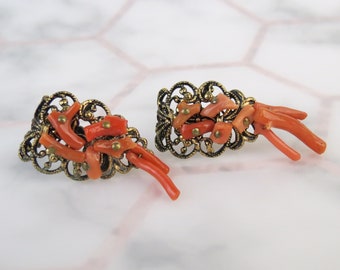 Natural pink orange coral on vintage brass filigree dangle earrings with screw backs