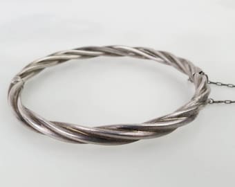 Vintage sterling silver Hollow twisted silver design 3/16 inch wide bangle bracelet with safety chain