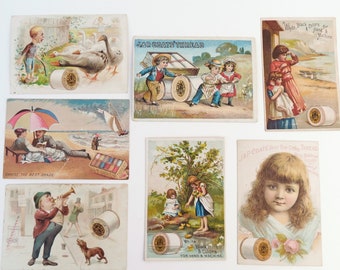 Lot of 7 Victorian antique trade cards advertising J & P Coats thread spools  with various imagery