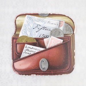 Victorian antique trade card advertising Pears soap with coin purse money stamp imagery