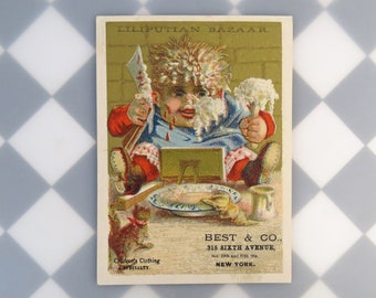 Victorian antique trade card advertising Liliputian Bazaar , Best & Co New York for children's goods with messy child illustration