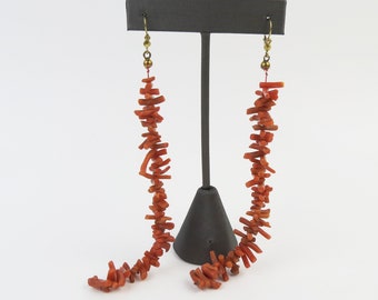 Long natural pink orange branch coral dangle earrings with 8k yellow gold old style front closure leverbacks - 5 inches long