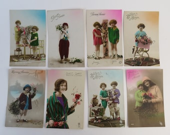 Lot of 8 Antique 1920s French Happy New Year 'Bonne Annee' - hand tinted RPPC real photo postcards postmarked