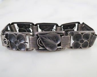 1950 Mid Century Swedish sterling silver flower leaf panel link signed bracelet by Ekström & Blohm Aktiebolag of Falköping
