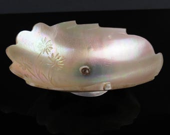 Antique footed mother of pearl shell dish with carved flowers