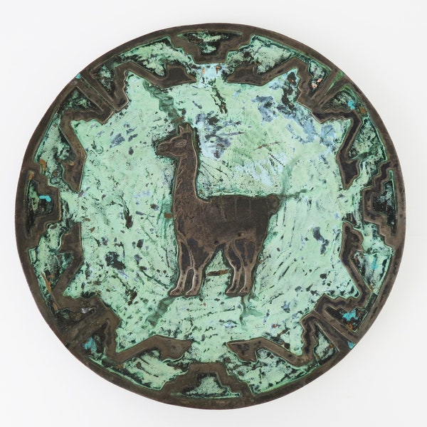 1950s Graziella Laffi sterling silver copper Peruvian llama hanging plaque with green verdigris enamel finish