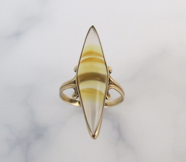 Size 5 Long Antique Victorian 10k gold banded agate navette gemstone ring