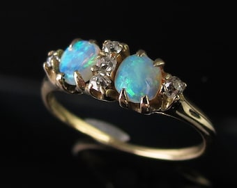 Double opal Victorian 14k yellow gold old mine cut diamond antique ring size 5.25 - one opal has chip