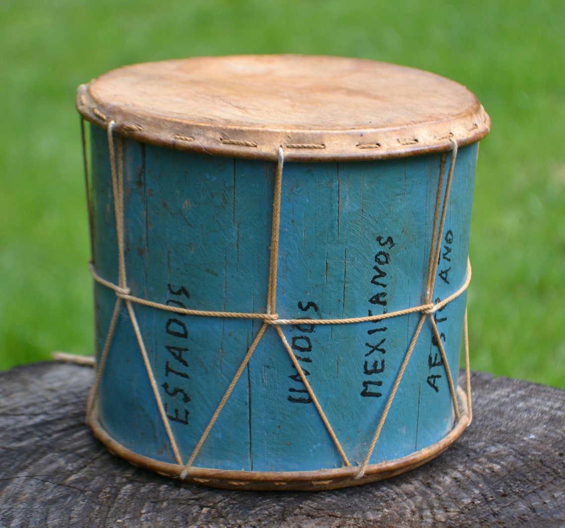 Vintage Hand Painted Wooden Mexican Hand Drum Double Sided Etsy
