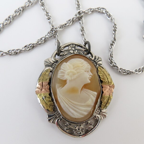 Vintage carved shell cameo Art Deco Style sterling silver chain necklace with 10k gold filled floral accents by Conley Co