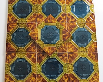 Set of Ten Victorian Majolica Pottery Tiles - 6 inch Embossed Tiles - Wheat and Flower Motif - Beautiful Blue and Brown Pattern