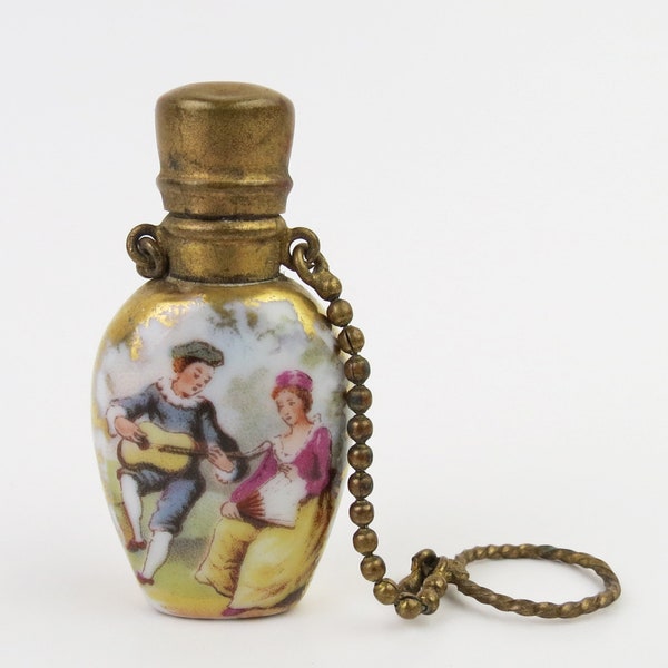 Victorian transferware porcelain gilded perfume scent bottle antique European brass chatelaine with original tiny glass stopper