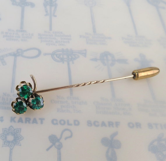 Antique 1930s 10k gold lucky green glass gem clov… - image 2