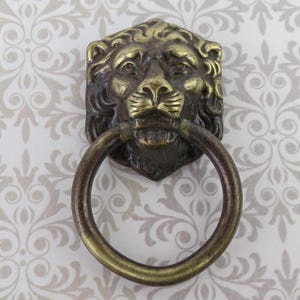 May include: A bronze lion head door knocker with a ring handle. The lion's face is detailed with a mane, eyes, and nose. The ring handle is attached to the lion's mouth. The background is a white and gray floral pattern.