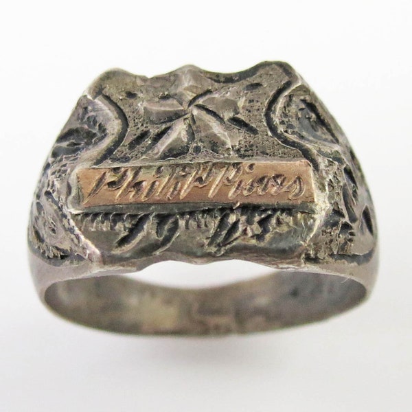 WWII era handmade soldier's trench art sterling silver and rose gold Philippines ring size 10.25