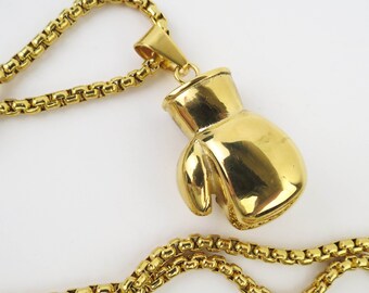 Heavy stainless steel gold plated Boxing glove pendant on long 27 inch chain