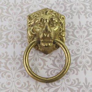 May include: A brass door knocker featuring a detailed lion head sculpture with a circular ring held in its mouth. The metal has a polished gold-toned finish with subtle signs of wear and natural patina, showcasing the intricate mane and facial features of the lion.
