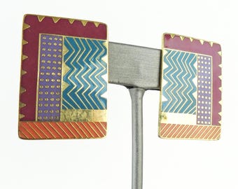 Laurel Burch enamel retro 1980s 14k gold plated Brass rectangle disc signed clip on earrings titled Lindsay