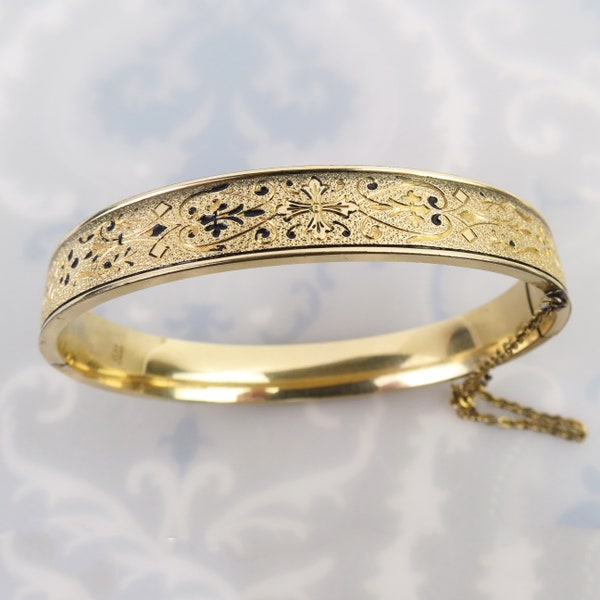 Antique Victorian 14k yellow gold filled slender Bangle bracelet with ornate engraved design and black enamel remnants