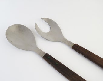 Long Mid Century Japanese stainless steel salad server set with wood handles - 13 3/8 inches