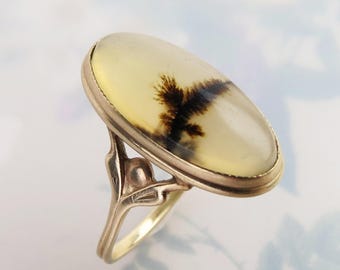 Vintage 10k yellow gold Dendritic agate cabochon Art Deco ring - Size 6.75 - stone wiggles