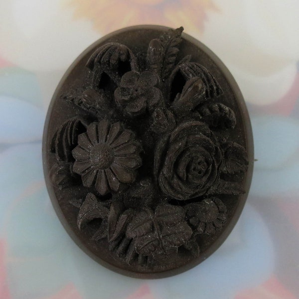 Antique Victorian Gutta Percha high relief carved Mourning brooch pin