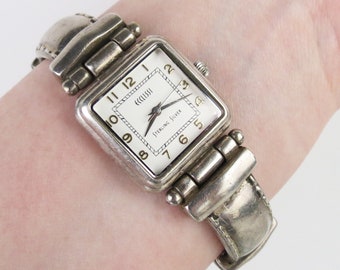Sterling silver Ecclissi vintage wrist watch Bracelet with sterling panel links and leather band - not running