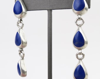 Long blue lapis raindrops sterling silver gemstone Taxco Mexico dangle earrings - 2 9/16 inches