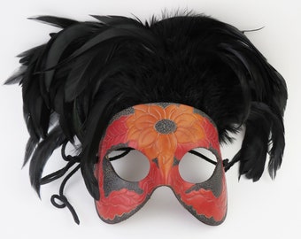 Vintage tooled Leather & feather Masquerade Commedia mask