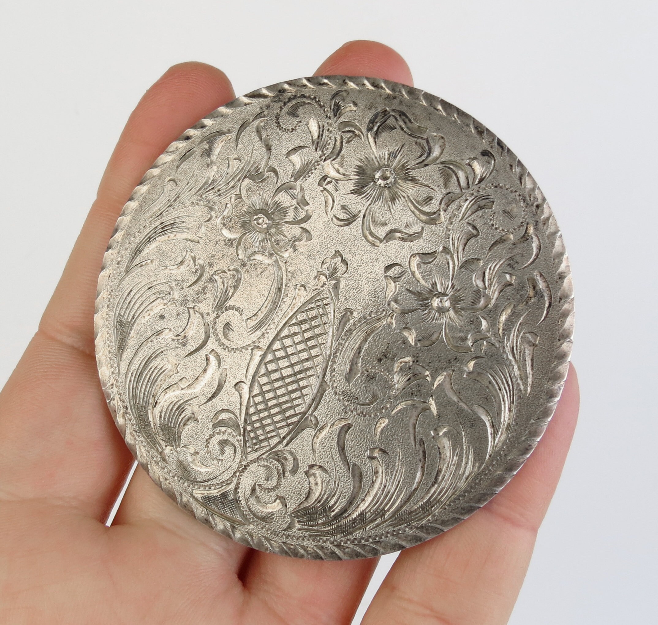 Vintage Diablo Hand-Engraved Floral & Plumes Sterling Silver Overlay Belt Buckle Diablo Belt Buckle Set 1-1/2 main image 3