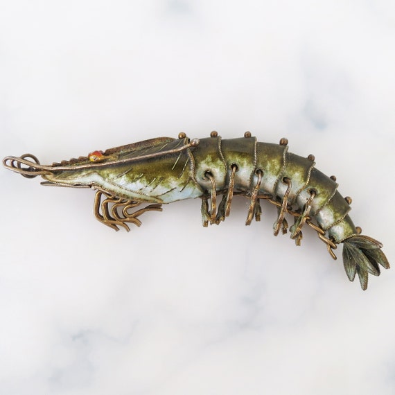 1930s Green enamel articulated shrimp or crayfish… - image 1