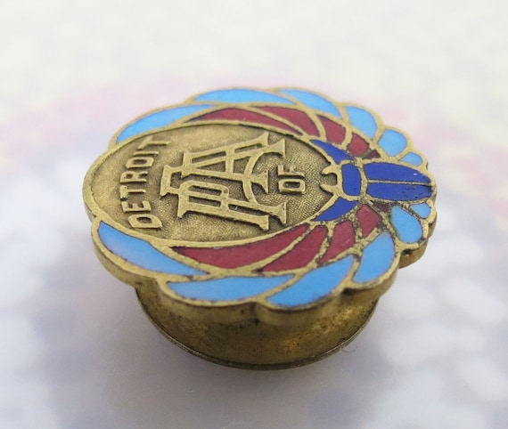 Vintage enamel scarab gold filled button Detroit … - image 2