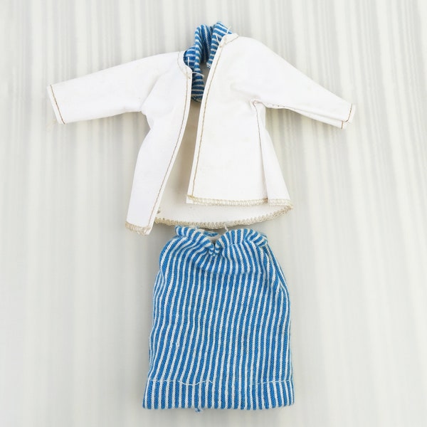 1960s Vintage Mod white vinyl jacket with blue white striped skirt and matching collar - umarked outfit fits Barbie