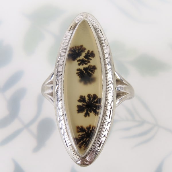 Vintage 10k white gold Dendritic agate marquise stone Art Deco ring - Size 7.5