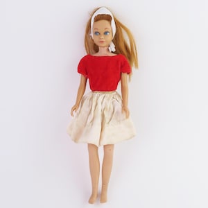 1965 Skipper red Titian hair doll #1060 by Mattel with original Skipper Silk N Fancy #1902 dress - HAIR & legs very AS IS
