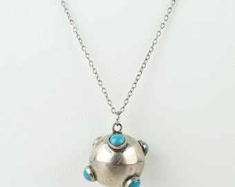 Vintage sterling silver turquoise sphere ball pendant on sterling chain