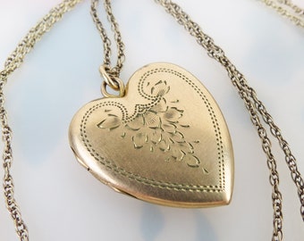 Vintage 1940s 10k gold filled puffy heart Locket pendant signed C.T. on long vtg 24 inch gold over Sterling chain by Danecraft