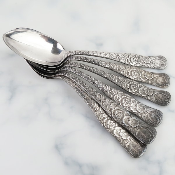 Set of six vintage silverplate floral garden teaspoons signed W.C. Manifold