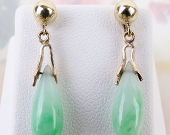 14k yellow gold Vintage green jadeite drops jade post dangle earrings