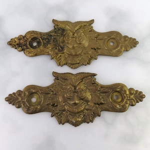 May include: Two antique brass drawer pulls with a detailed owl face design. The pulls have a rectangular shape with decorative floral accents on the ends and a circular hole for mounting. The brass has a vintage patina.