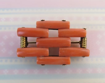 Unique Victorian natural pink orange coral gold filled & vermeil brooch - 1 5/8 inches wide