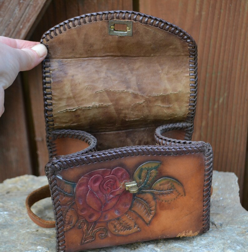 Vintage Hand Tooled Leather Purse small tote with Roses Etsy
