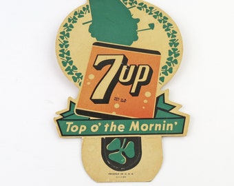 Vintage 7up Top o' the Mornin' Bottle Topper Cardboard Advertisement - 1954