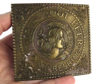 Vintage Hires Rootbeer ' So Refreshing ' lady Belt buckle , England warranted finest minted brass heavy signed E Gaylord 3 1/4 in x 3 inches