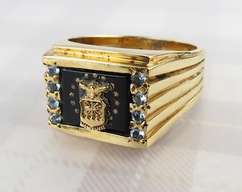 Vintage 10k Yellow gold over Sterling silver Unites States Air Force emblem ring with black onyx and blue glass stones - Size 13.5
