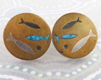 Los Castillo brushed brass sterling silver turquoise onyx fish signed screwback earrings