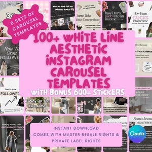 Mallar för Instagram-karuseller | Estetiska DFY White Line-estetiska karusellklistermärken | PLR MRR Canva-mall för ansiktslös marknadsföring, återförsäljning
